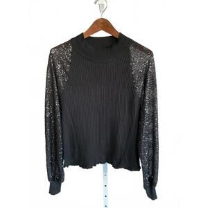 Joseph A. Black Ribbed Sweater with Sequin Bishop Sleeves, Size M